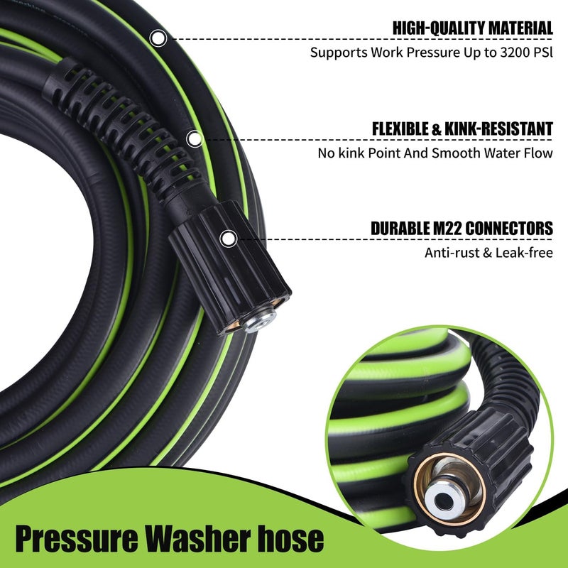 RainBello Pressure Washer Hose 1/4" × 50FT - 3200 PSI Heavy Duty Power Washer Replacement with M22-14mm Fittings Kink-Resistant Flexible Water Hose for Electric & Gas Washers - Image 2